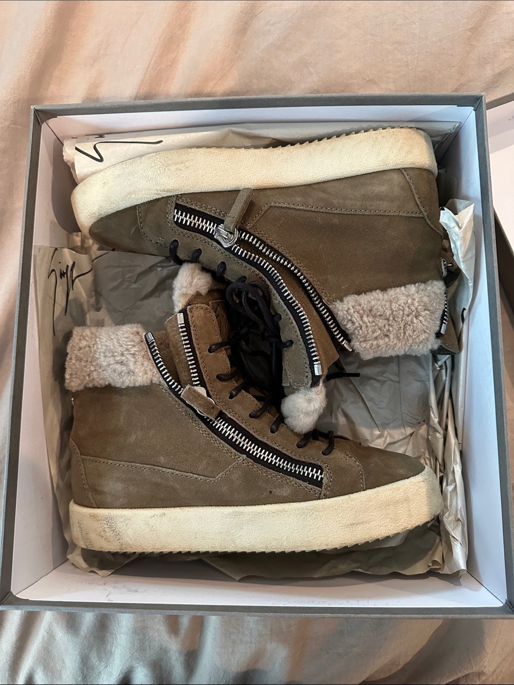 Giuseppe Zanotti Olive Suede High-Top Sneakers with Shearling Cuff